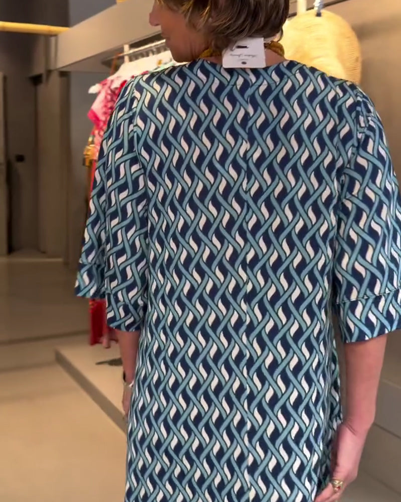 V-Neck Diamond Pattern Straight Relaxed Dress