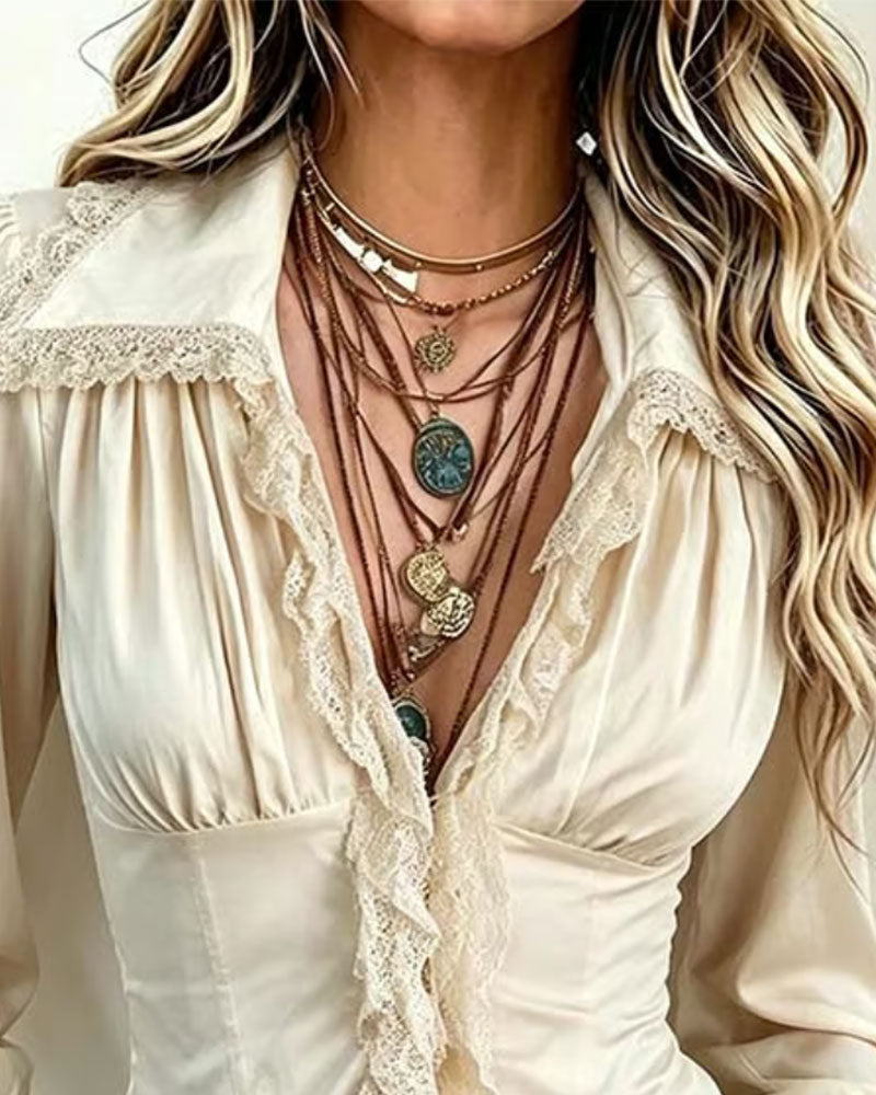Collared Lace Spliced Long-Sleeve Blouse