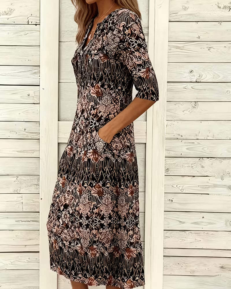 V‑neck Print Patchwork Mid‑sleeve Dress