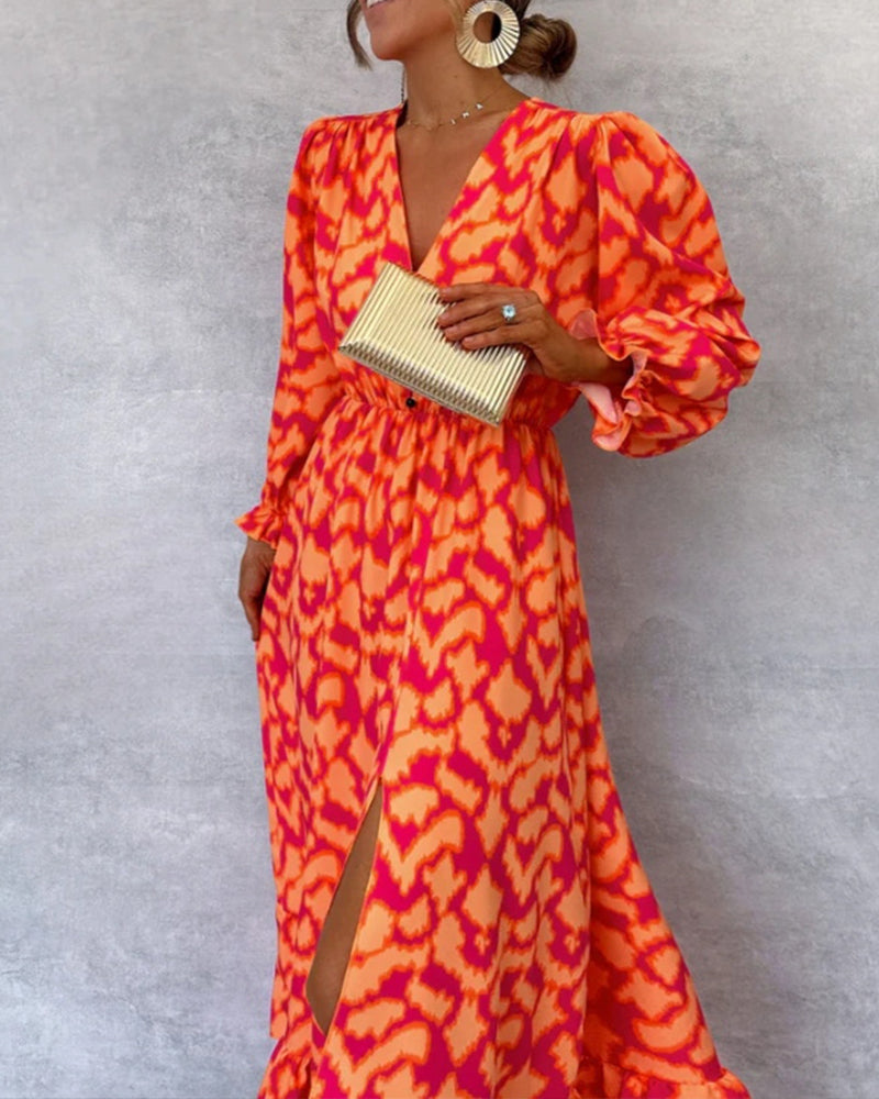 Stylish printed collar button slit puff sleeve dress