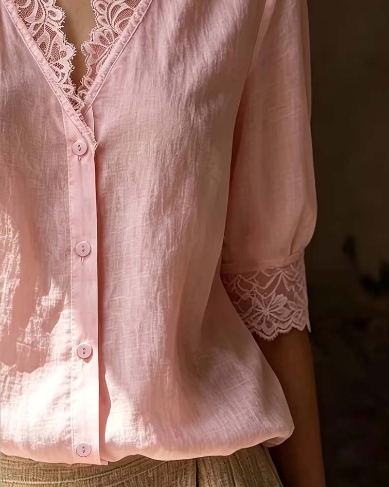 V-Neck Lace Patchwork Solid Three-Quarter Sleeve Blouse