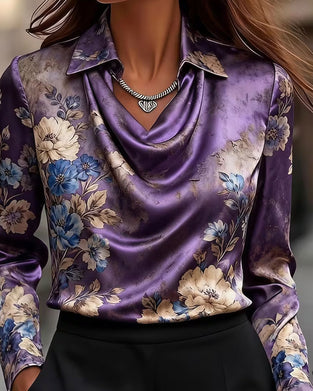 Lapel Draped Long-Sleeve Blouse