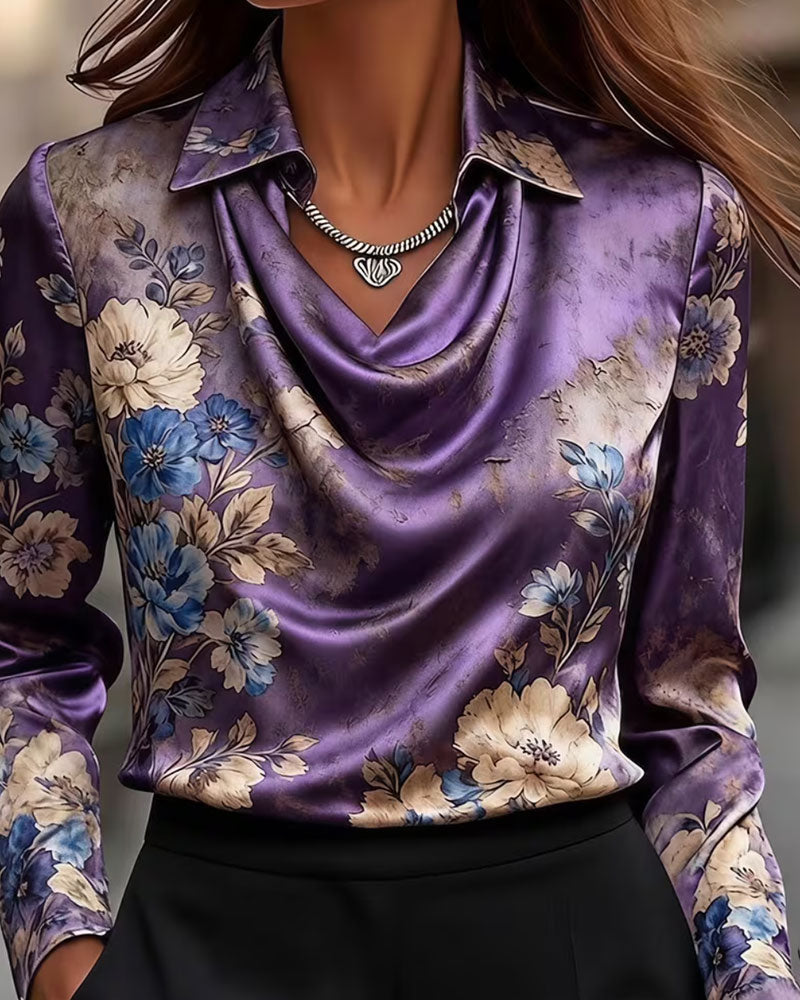 Lapel Draped Long-Sleeve Blouse
