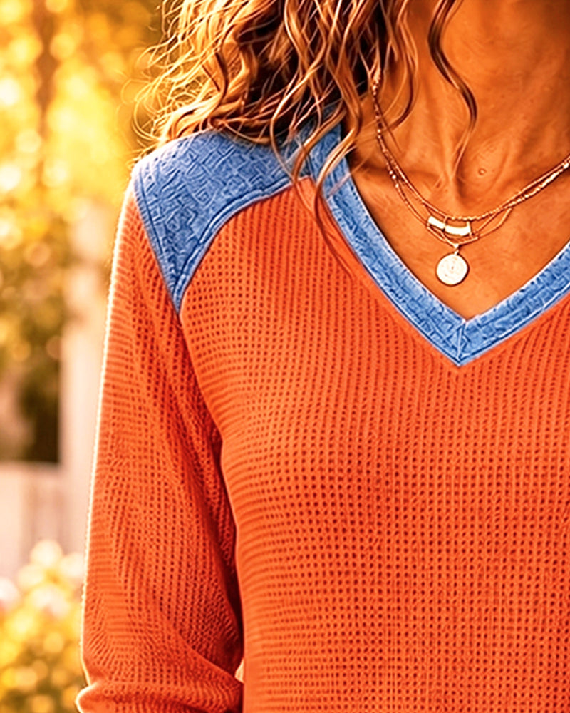 Casual V-Neck Patchwork Denim Blouse