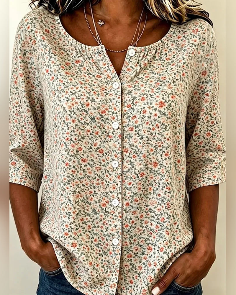 Crewneck Button Floral Three-Quarter Sleeve Blouses
