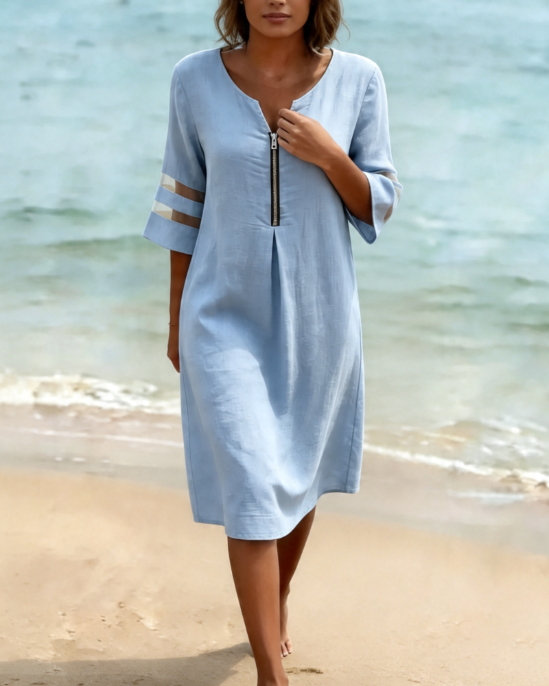 Mesh Paneled Half-Zip Dress