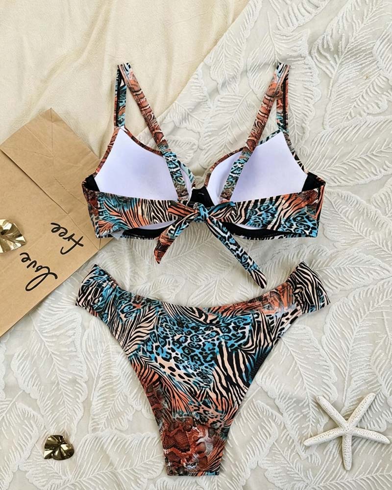 Leopard Print Color Block Strappy Bikini