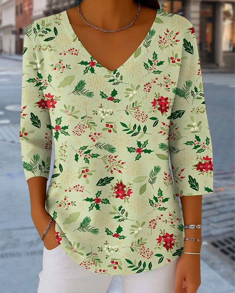 Women's Christmas Print V-Neck 3/4 Sleeve Casual Loose knitted top