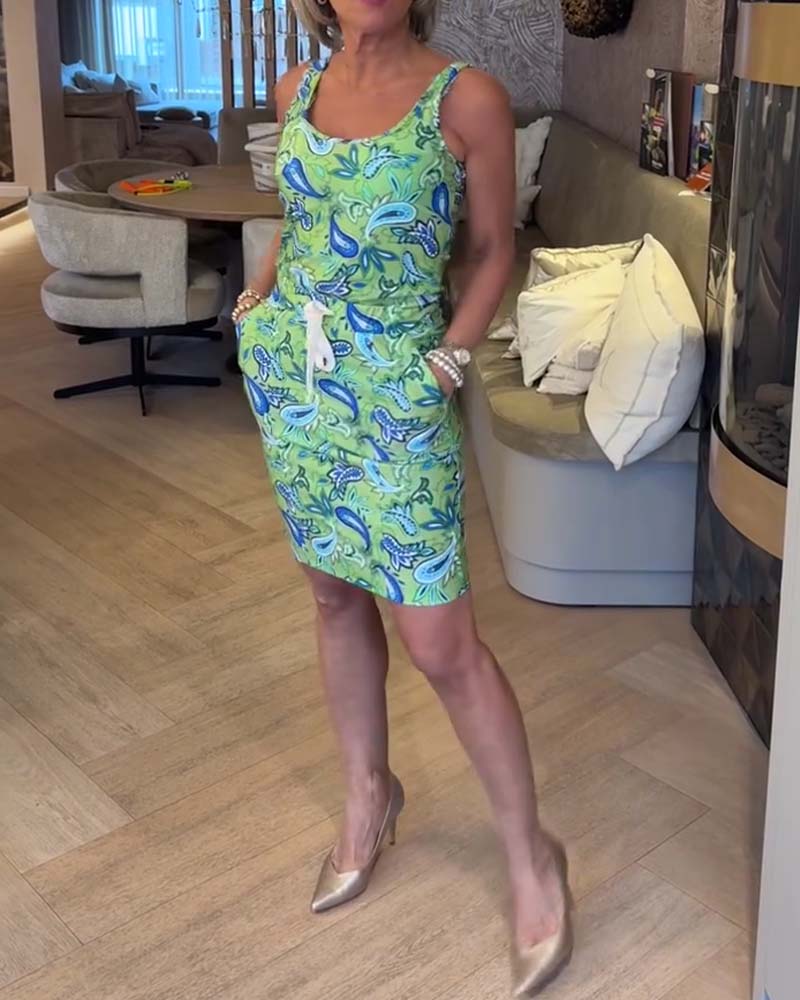 Sleeveless Slim-Fitting Strappy Cashew Flower Dress