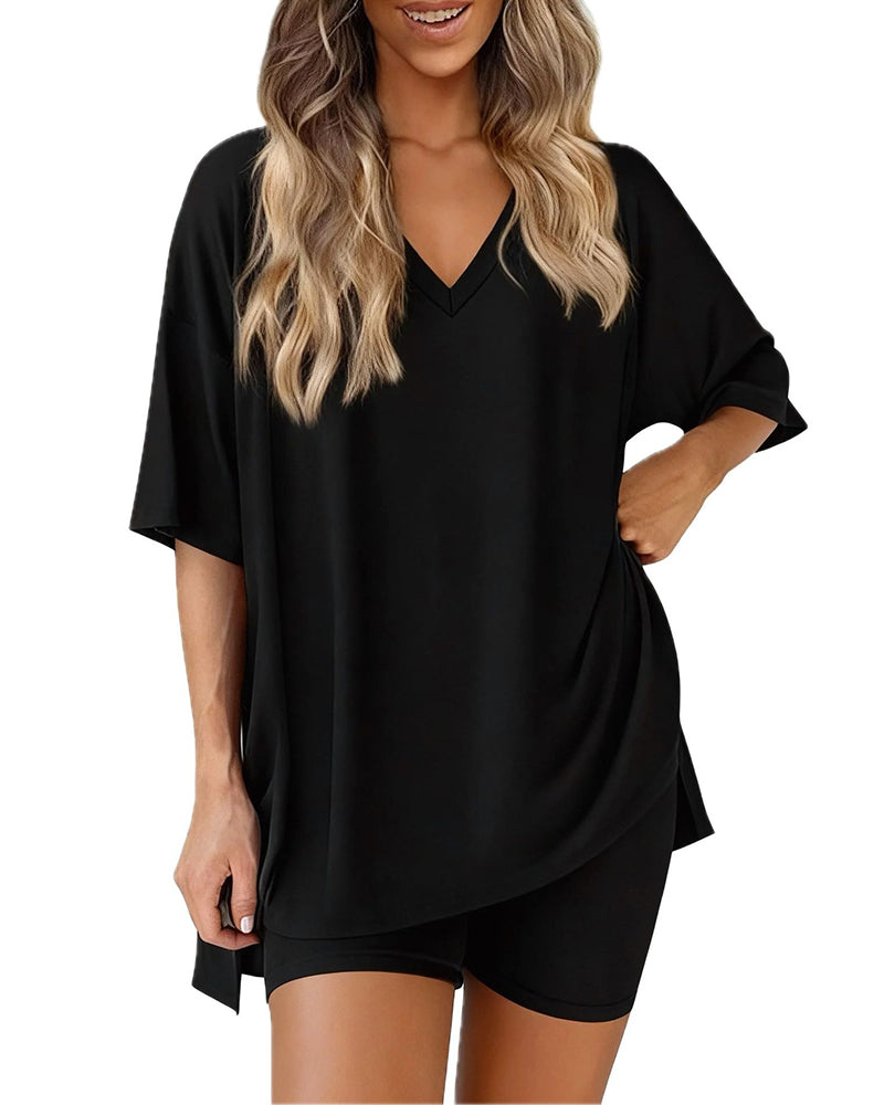Relaxed Solid V-Neck Two-Piece Set