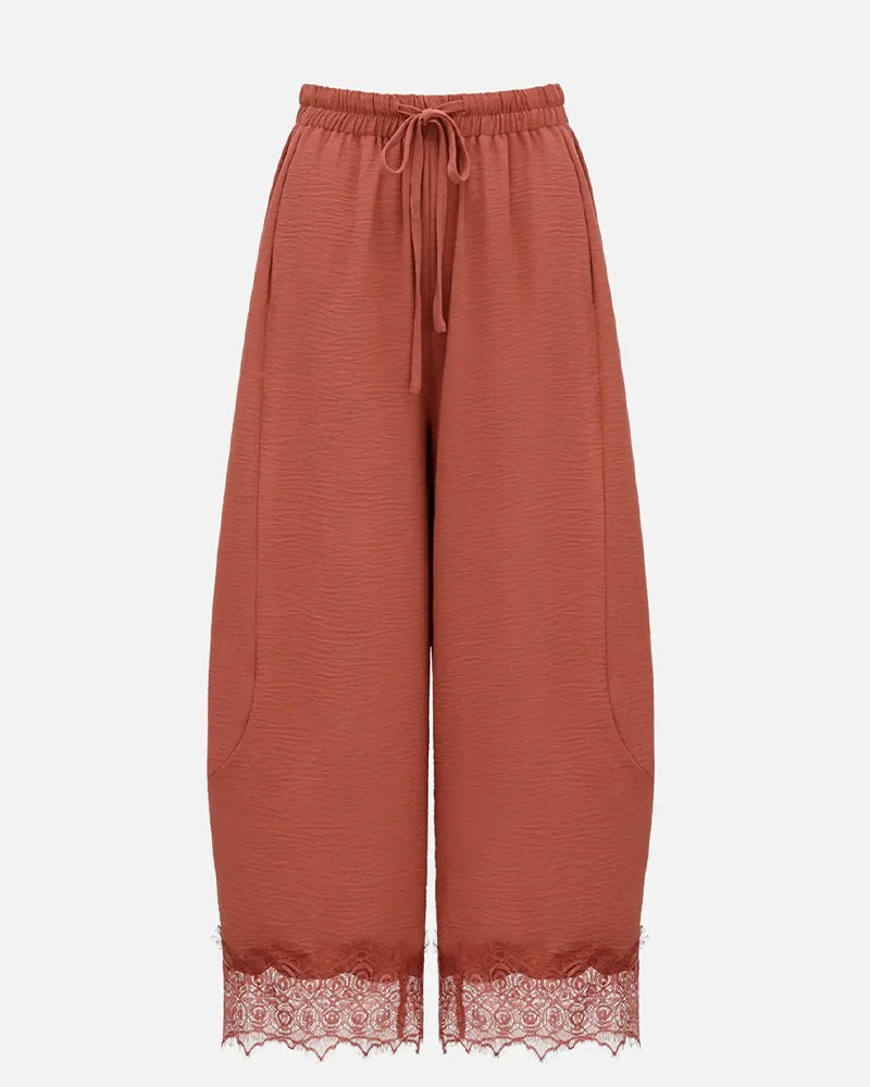 Elastic Waist Lace-Panel Casual Pants