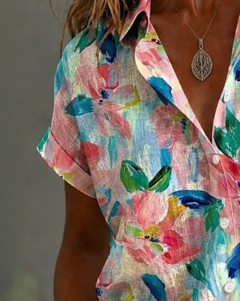 Turn-Down Collar Print Short-Sleeve Shirt