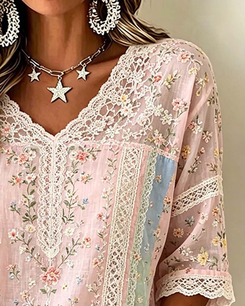 V-Neck Lace Patchwork Contrast Floral Blouse