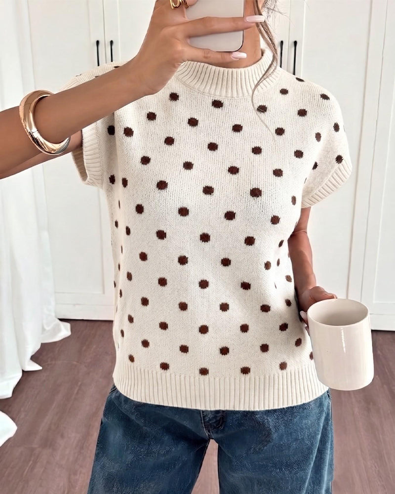 Turtleneck Polka Dot Short Sleeve Pullover
