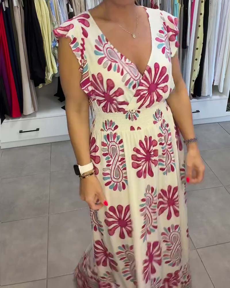 Floral Waist-Cinch Flutter-Sleeve Vacation Maxi Dress