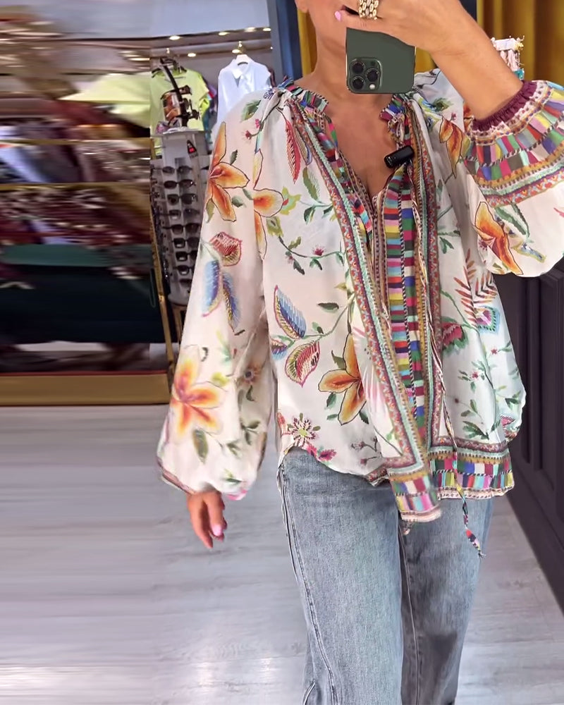 Sexy V-Neck Fashion Print Blouse