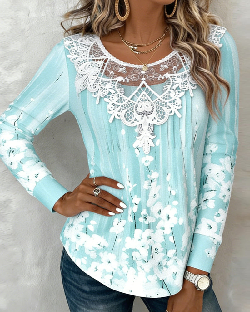 Lace-Trimmed Round-Neck Floral Long-Sleeved Top