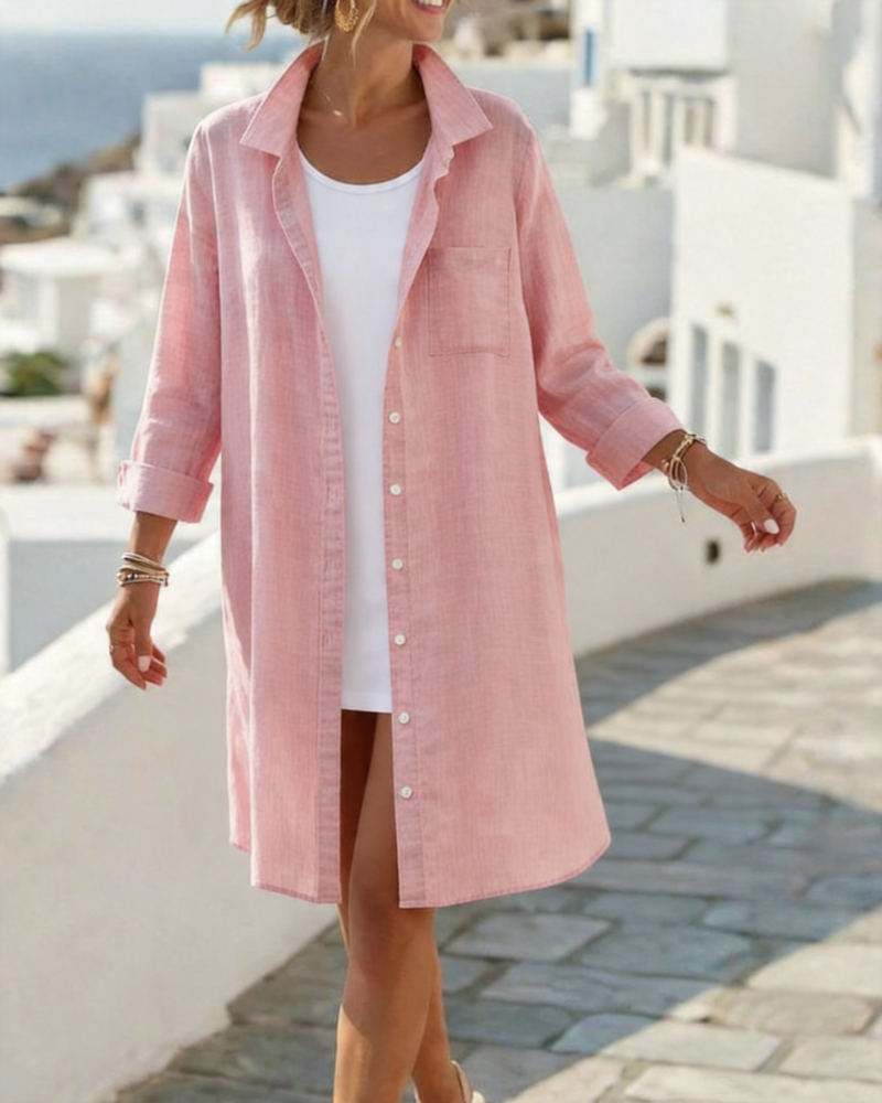 Lapel Button Long Shirt Dress