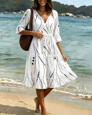 Flutter Sleeve Tie-Waist Polka Dot A-Line Dress