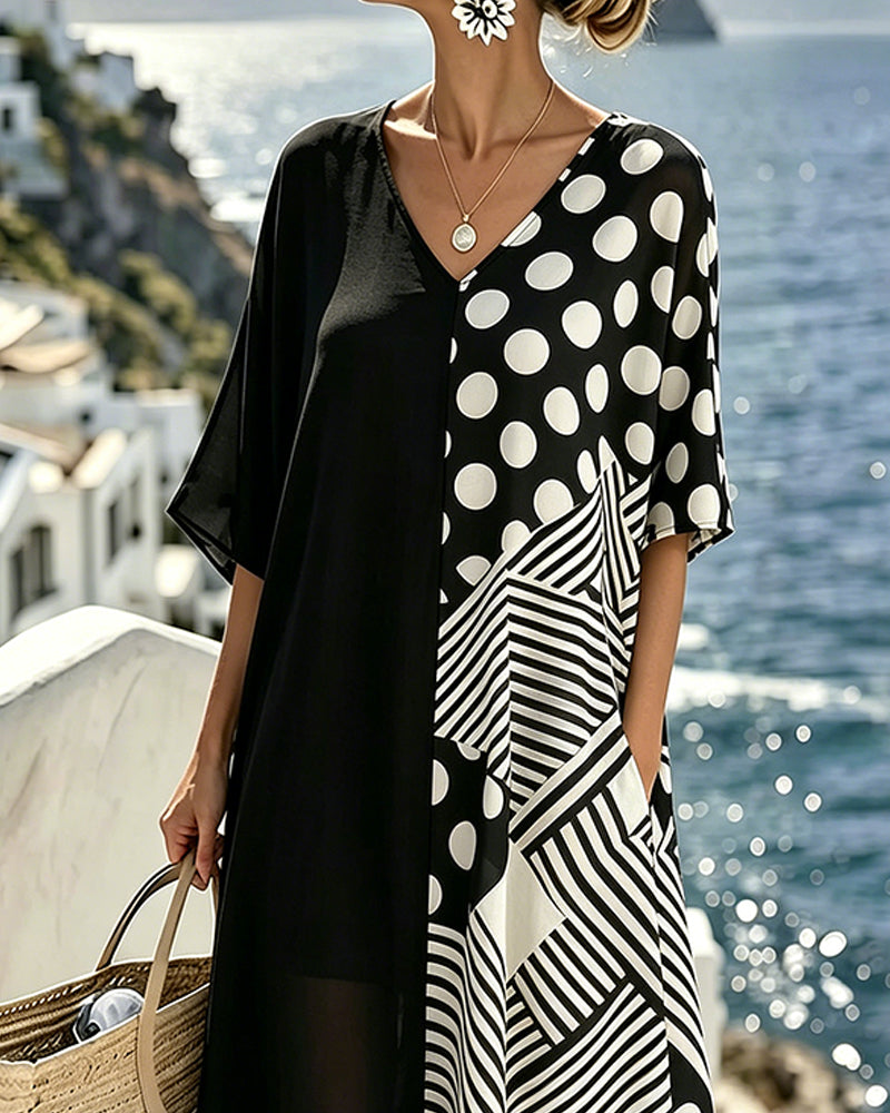 V-Neck Polka Dot Stripe Patchwork Dress