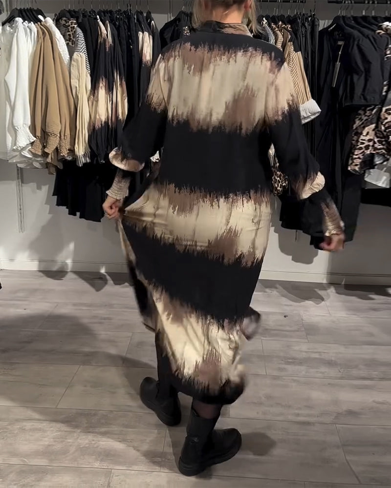 Lantern Sleeve Buttoned Ink Painting Shirt Dress