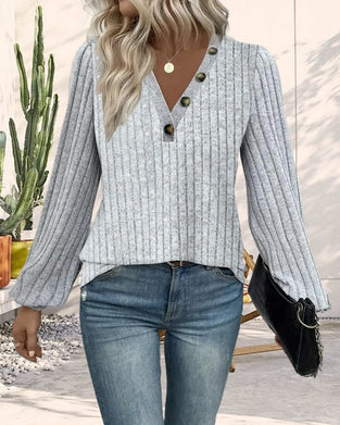 Casual solid color V-neck button top