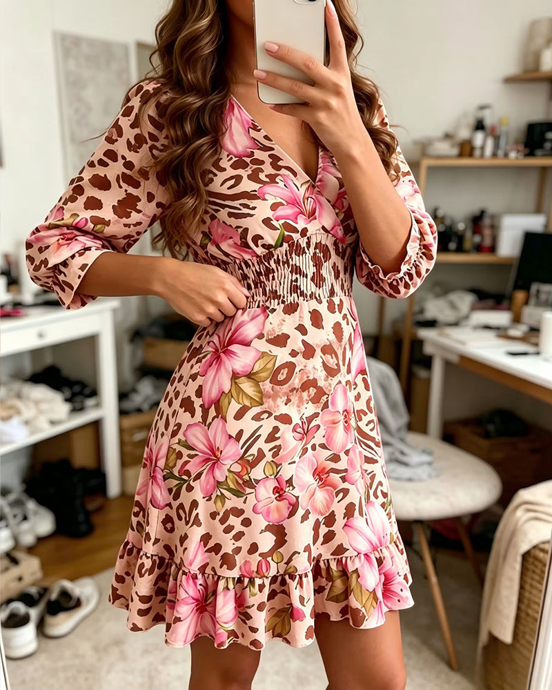 V-Neck Print Waist-Cinching Bubble Sleeve Dress