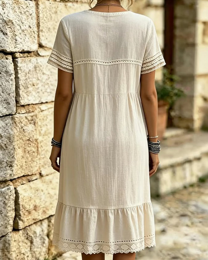 Lace Ruffle Round-Neck Short-Sleeve Dress
