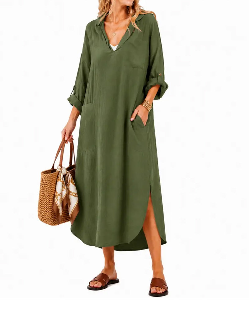 Lapel V-Neck Pocket Slit Dress