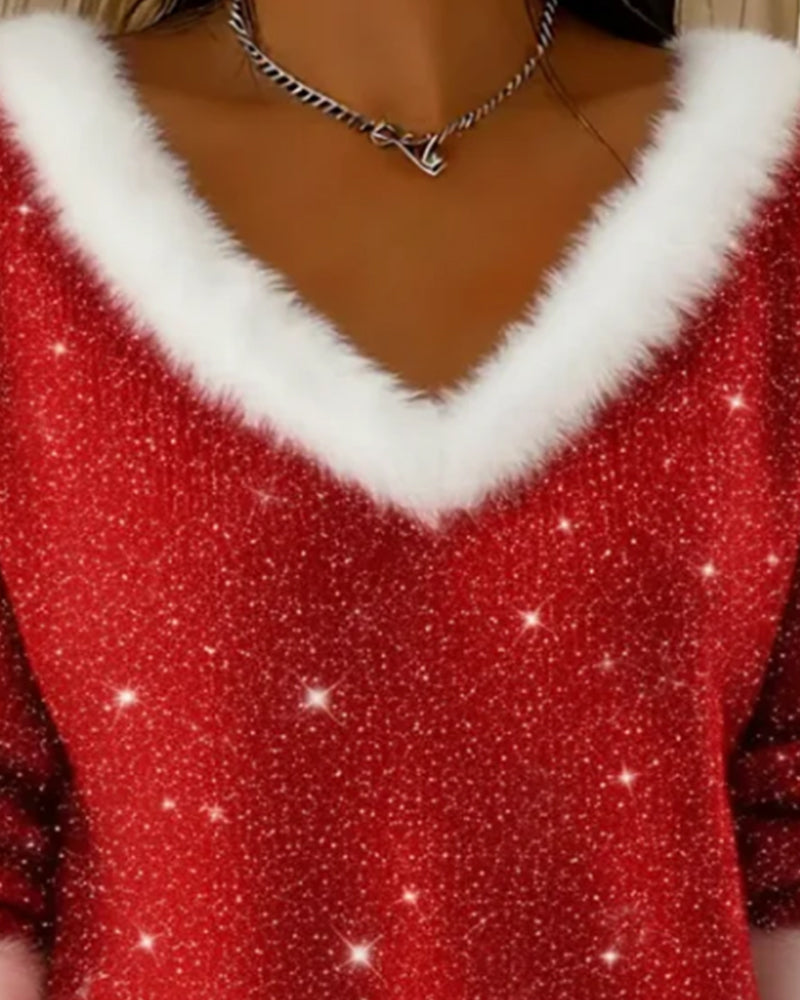 V Fur Collar Shiny Fashionable Sweater