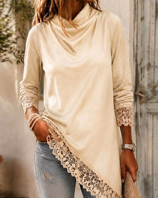 Mock Neck Lace Patchwork Irregular Top