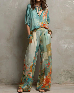 V-Neck Floral Blouse + Straight-Leg Pants Set