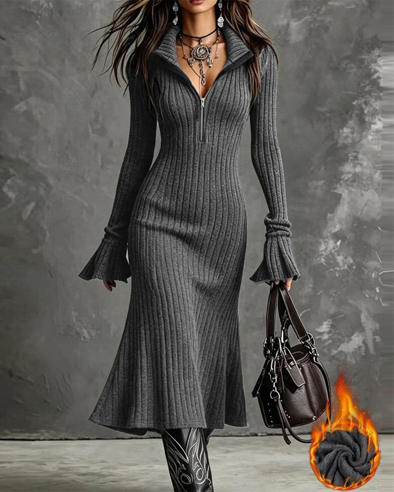 Ribbed Half-Zip Fishtail Sweater Dress