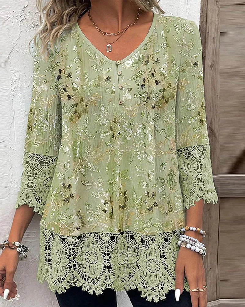 Lace Patchwork Floral V-Neck Blouse