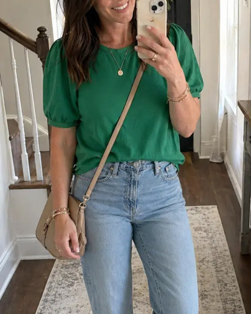 Puff Sleeve Knitted Short-Sleeve Pullover
