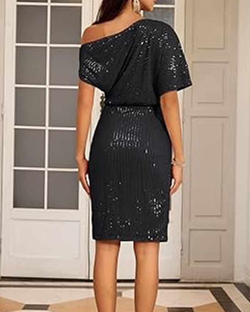 V-neck off-shoulder sequined elegant dress