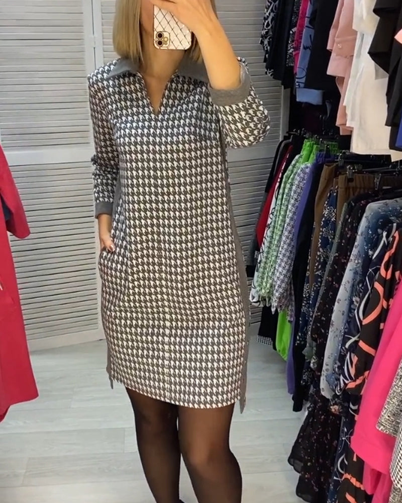 Lapel Pocket Plaid Long Sleeve Dress