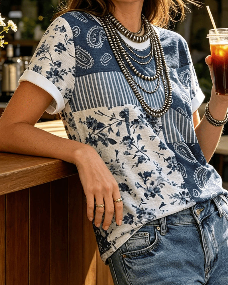 Crew Neck Irregular Floral T-Shirt
