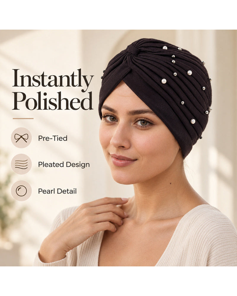 Pearl Pleated Pre-Tied Turban Hat