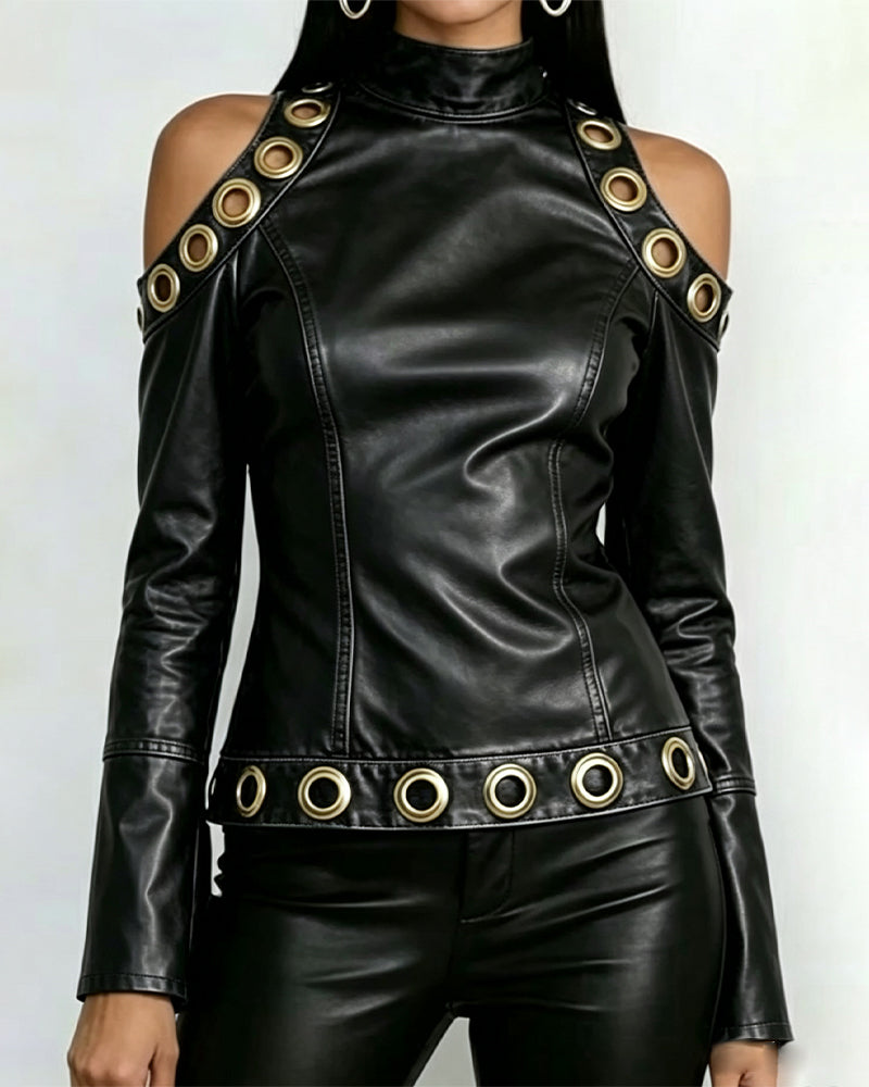 Cold shoulder Pu Leather Long Sleeve Top