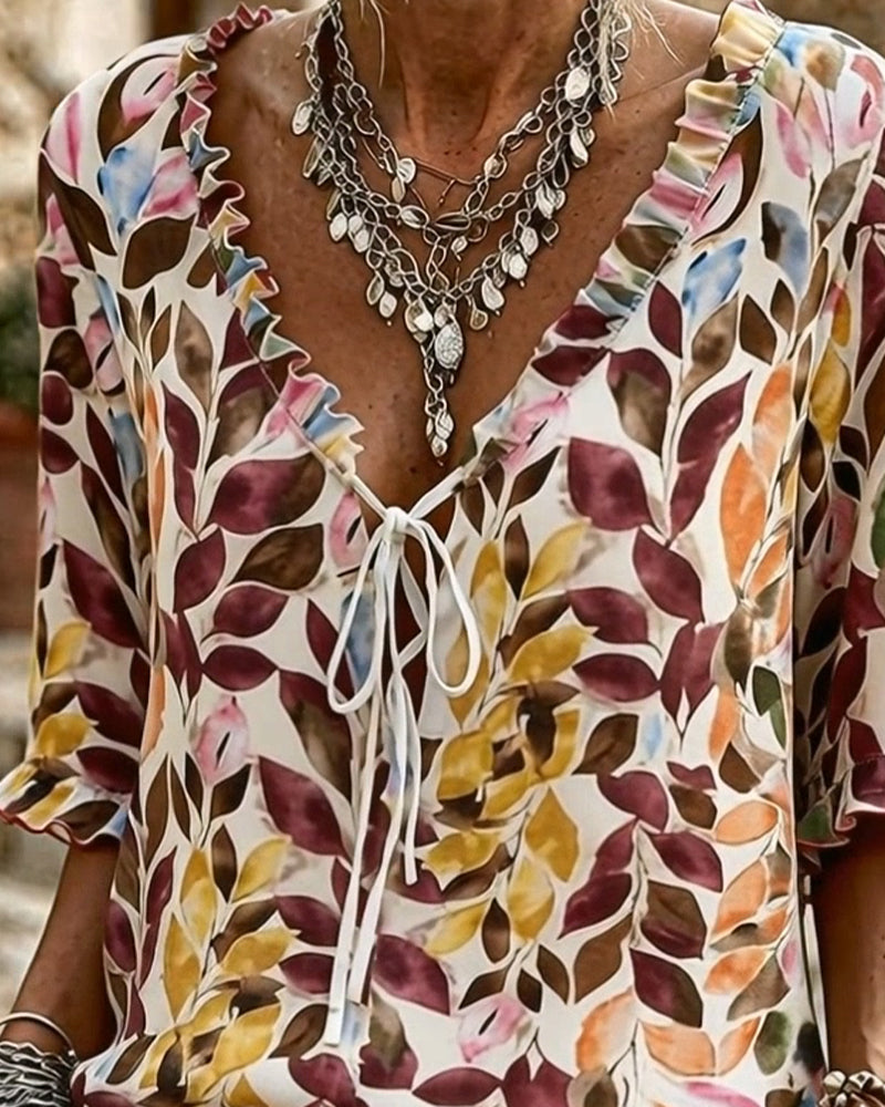 Casual Print Ruffle Sleeve Blouse