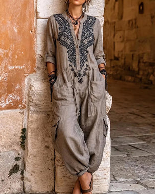 Printed Tapered-Leg Cargo Jumpsuit