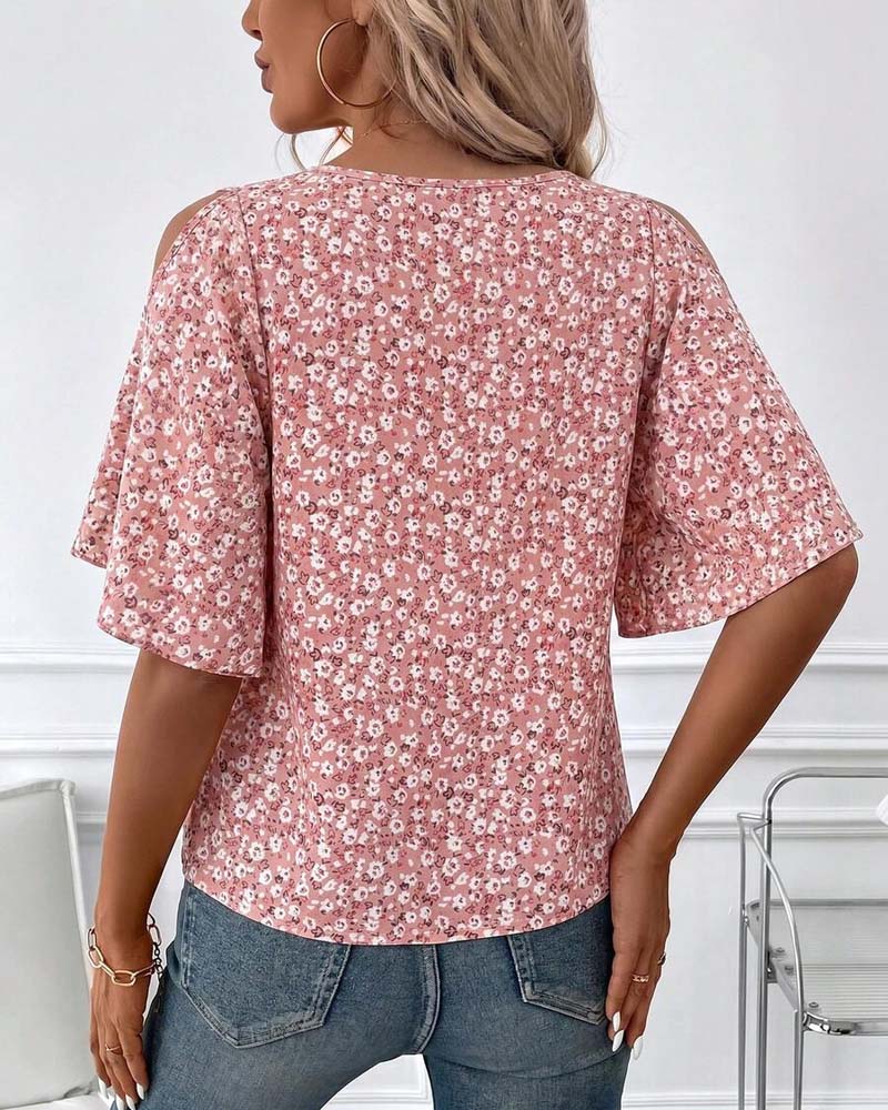 V-Neck Floral Off-Shoulder Flutter Sleeve Blouse