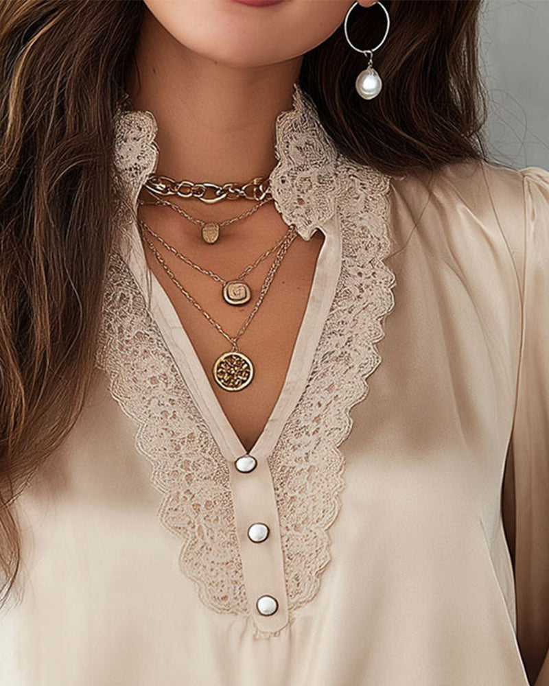 Solid Color Patchwork V-Neck Elegant Blouse