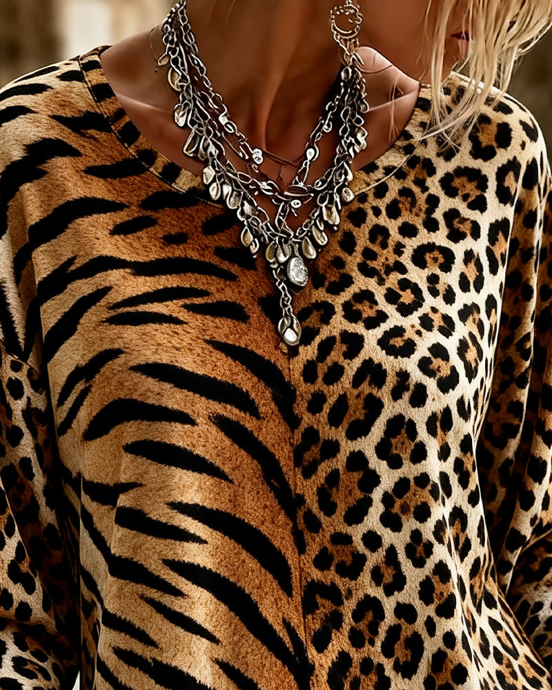 V-Neck Leopard Tiger-Print Puff-Sleeve Top