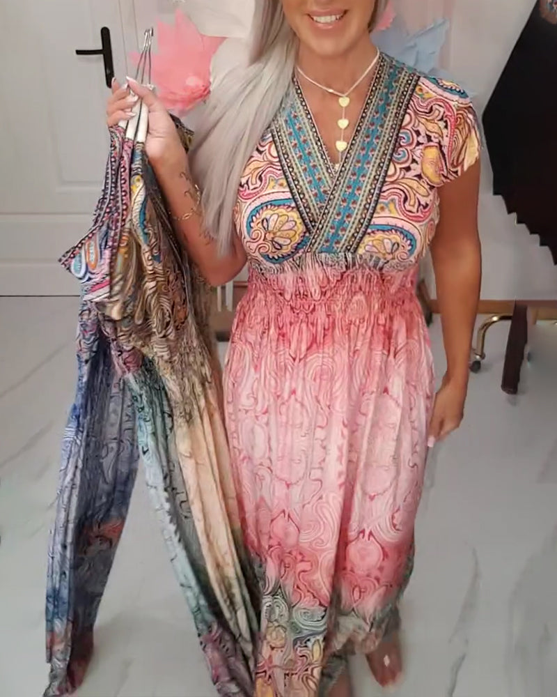 Bohemian V-Neck Waisted Holiday Dress