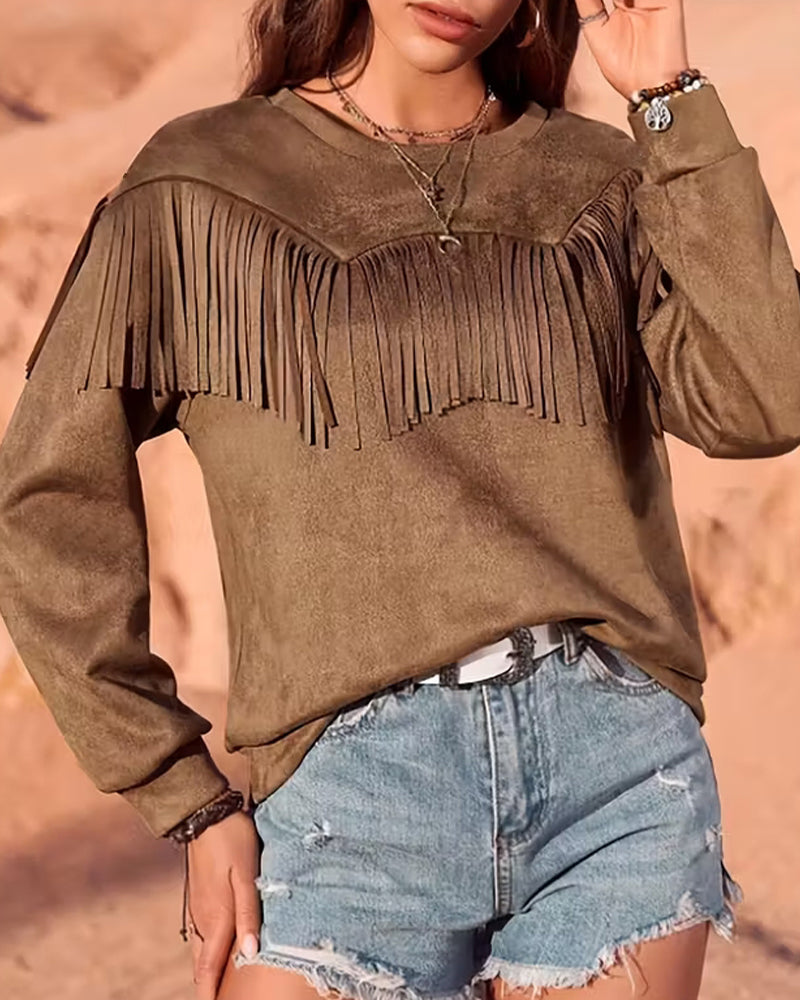 Long-Sleeved Solid Color Crew Neck Top