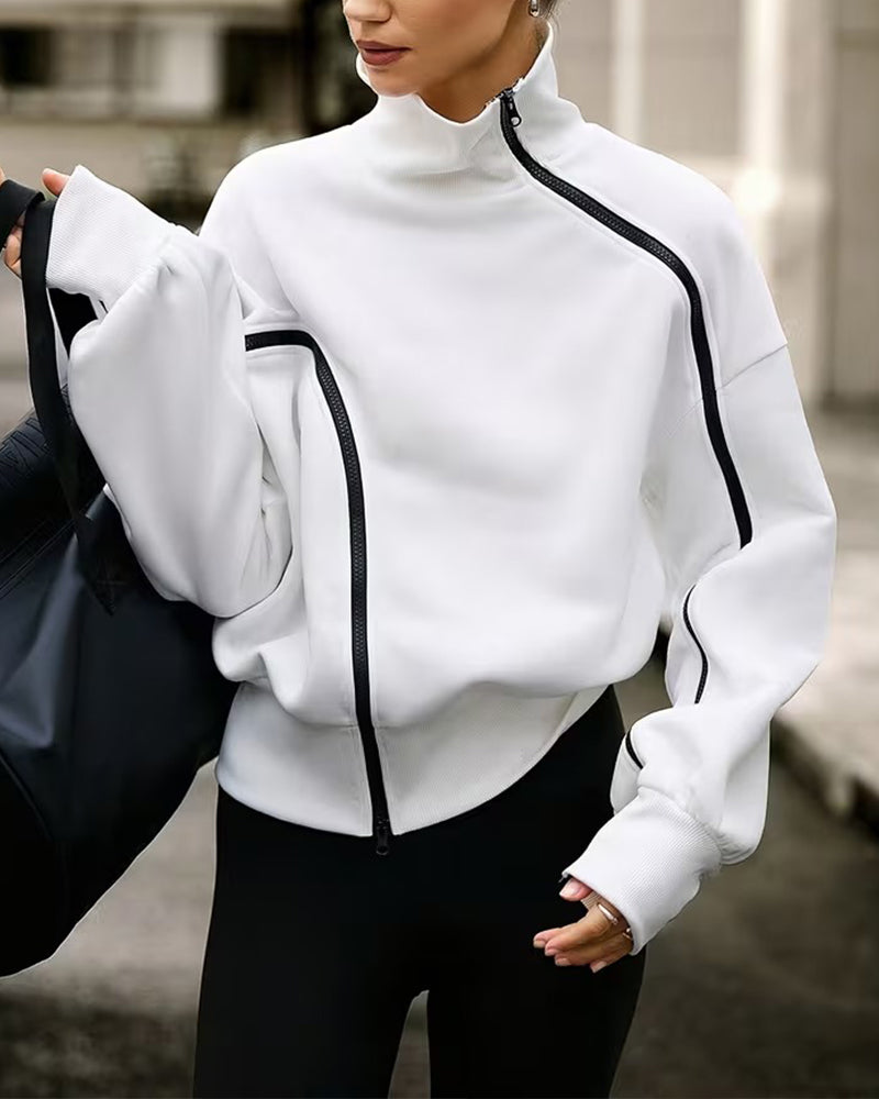 Mock Neck Zipper Drop Shoulder Relaxed Sweatshirt