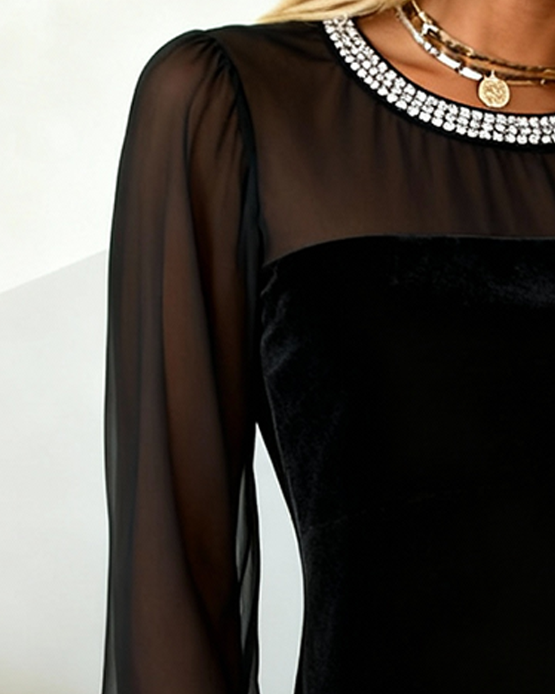 Long-Sleeved Solid Color Rhinestone Dress