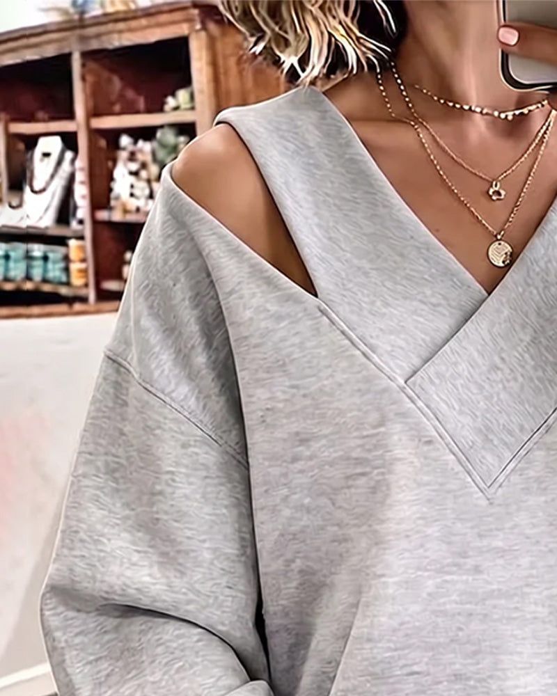 V-Neck Off-Shoulder Asymmetric Slit Sweatshirt